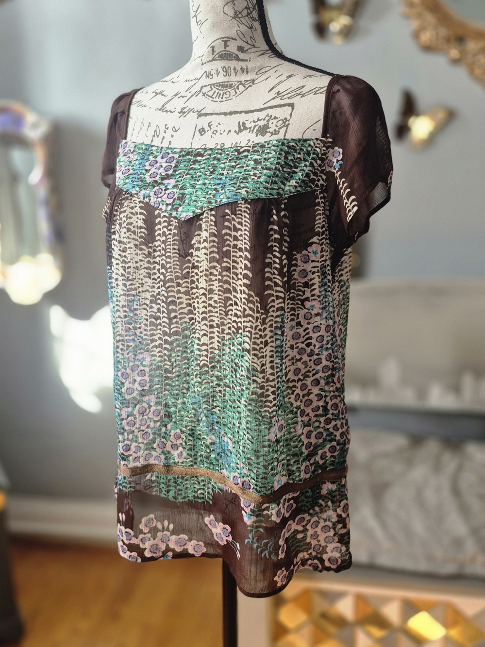 Boho Floral Sheer Square-Neck Women’s Top in Brown and Teal - Picture 3 of 7